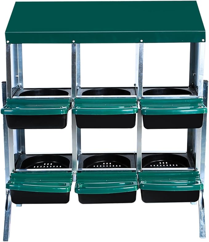 6 Compartment Metal Chicken Nesting Box, Automatic Roll-Out Egg Collection, Waterproof Galvanized Steel Laying Box with Perch & Wall Mount, for Hens Ducks Rabbits, Green