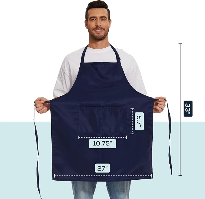 Will Well Kitchen Apron for Men and Women - 33" x 27" Oil-and-Water-Resistant with Adjustable Neck Strap and 38" Waist Ties for a Snug Fit, Lightweight with 2 Front Pockets - 6-Pack, Navy