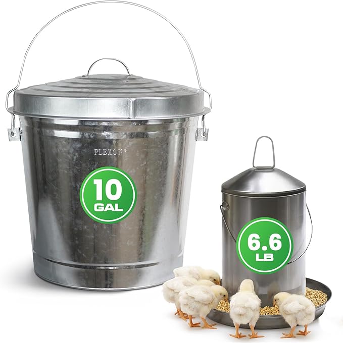 Plexon 6.6 Lb Poultry Feeder Stainless Steel Hanging Chicken Feeder no Waste Food-Grade with 10 Gallon Galvanized Storage Bucket with Locking Lid for Bird Seed Chicken Feed, Bundle