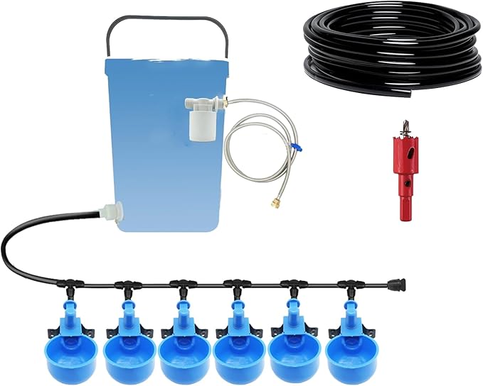 Automatic Chicken Waterer – Float Controlled 6 pcs Chicken Water Cups with Hose Fitting, No-Spill Chickens Watering System,Quick-Connect Poultry Water Dispenser.
