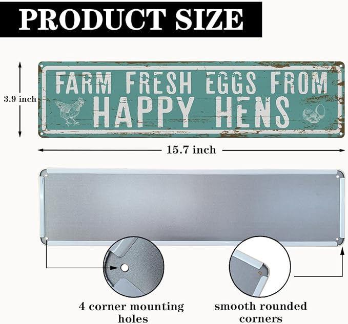 Rustic Farmhouse Style Chicken Coop Sign, Metal Egg Stand Signs, Farm Fresh Eggs from Happy Hens, Retro Metal Tin Sign, Farmhouse Decor, Backyard Hen House Gift 15.8x4 Inch