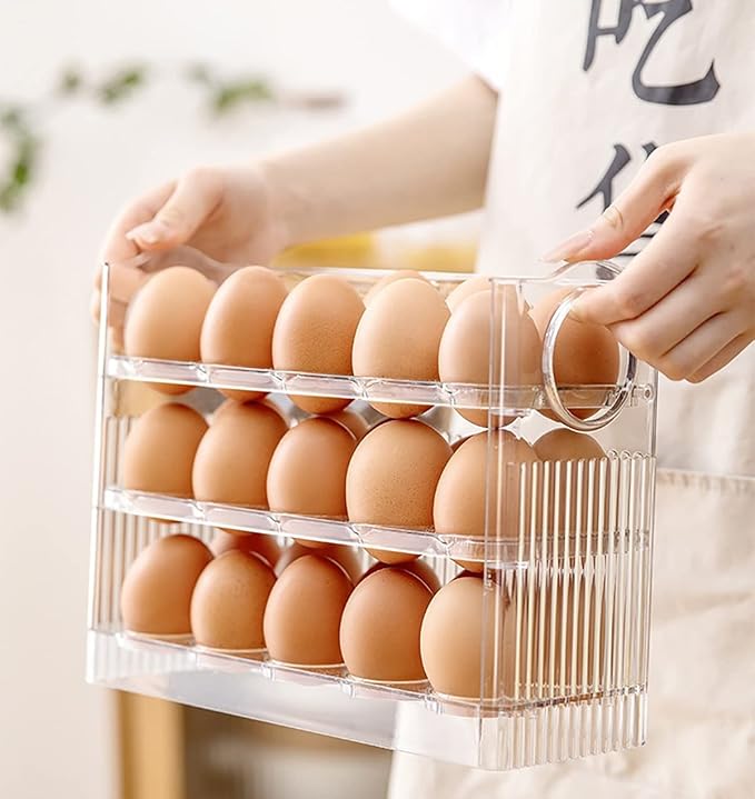 Flippable Egg Holder for 30 Eggs,Egg Storage for Refrigerator,3-Tiers Clear Acrylic Egg Container,Large Container for Kitchen Countertop, Egg Dispenser, Egg Tray, Clear