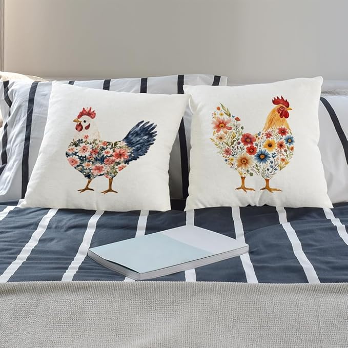 Flower Chicken Pillow Covers 18x18 Set of 2, Gifts for Chicken Lovers Mom Lady Women, Rustic Farmhouse Farm Animal Rooster Floral Throw Pillow Covers for Home Bedroom Living Room