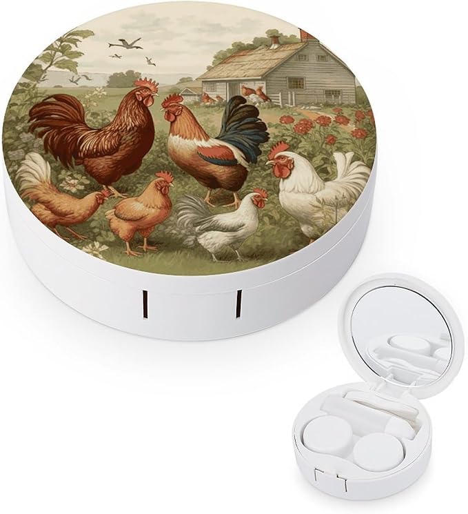 Chickens And Farm Contact Lens Case with Mirror, Portable Contact Lens Box with Solution Bottle, Glasses Travel Holder with Tweezers, Contact Case Storage for Women Men