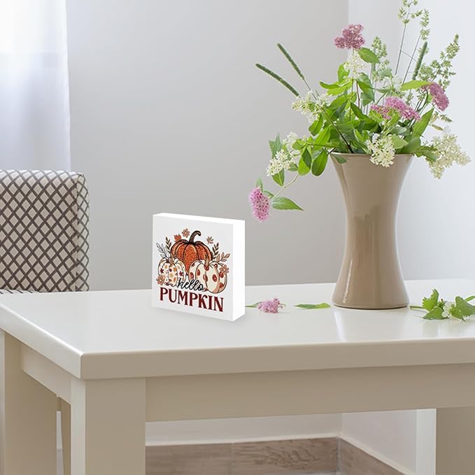 Fall Decorations for Home Farmhouse Office Bedroom Living Room, Pumpkins Decor, Hello Pumpkin Sign, Autumn Decor Wood 2401