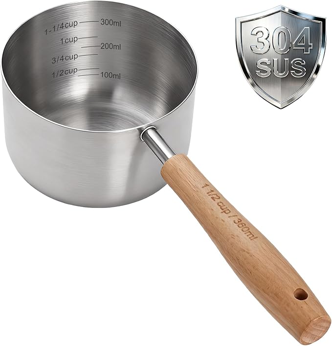 1PCS 1-1/2Cup(360ml | 12oz) Dog Cat Food Scoop, 18/8(304) Stainless Steel Measuring Cup with Wooden Handle, Etched Measurements Inside, BPA Free Portion Control for Pets & Kitchen Use
