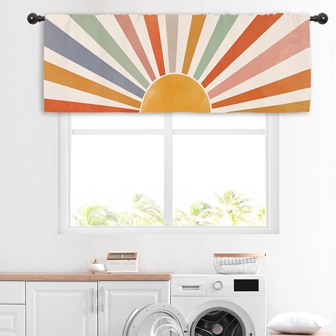 Miyotaa Sun Pastel Kitchen Curtain Valance 54W x 18H Rod Pocket Vintage Retro Colorful 70s Sunrise Sunset Window Treatment for Living Room Bedroom Bathroom Party