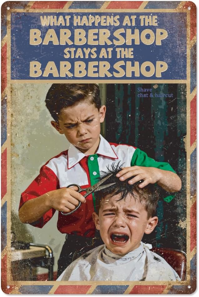 WADORN Funny Barbershop Tin Sign, 8x12 Inch What Happens At The Barbershop Retro Tin Sign Friends Vintage Barber Shop Metal Wall Art Decor Plaque for Home Barber Haircut House Salons