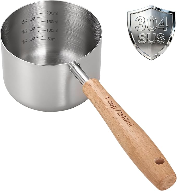 1PCS 1Cup(240ml | 8oz) Dog Cat Food Scoop, 18/8(304) Stainless Steel Measuring Cup with Wooden Handle, Etched Measurements Inside, BPA Free Portion Control for Pets & Kitchen Use