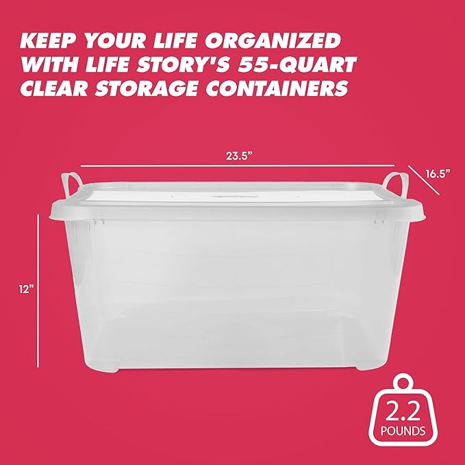 Life Story 18 Pack Light Duty Stackable Storage Bin, 55 Quart Home Organizer, Versatile Lightweight Locking Bins with Carrying Handles, Clear