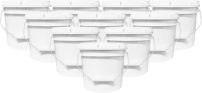 1-Gallon Bucket with Airtight Lid – Made in USA, Food Grade BPA Free Plastic, Heavy Duty Multi-Use, Metal Handle with Grip, Stackable Storage – White, 10 Pack