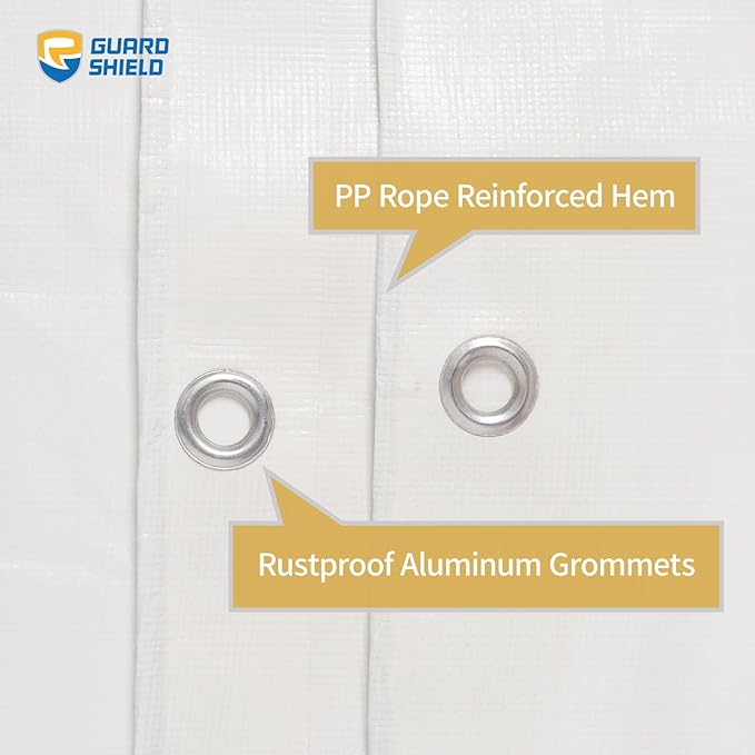 GUARD SHIELD White Tarps Heavy Duty Plus+ Waterproof 12x16 Feet, 12mil Large Tarp with Reinforced Grommets, Outdoor Cover for Roof, Car, Boat, Truck and Ground Pool