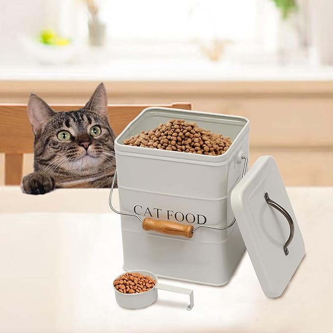 Cat Food Treat Storage Container with lid scoop included - Perfect Farmhouse Cat Food Bin for Kitchen Countertop, Shelf, Decoration Home - Cat Food - White