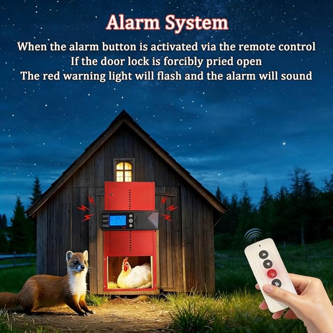 Automatic Chicken Coop Door Solar Powered, 4 Modes Automatic Chicken Door with Timer & Light Sensor, Waterproof Aluminum Alloy Chicken Door with LCD Screen Red
