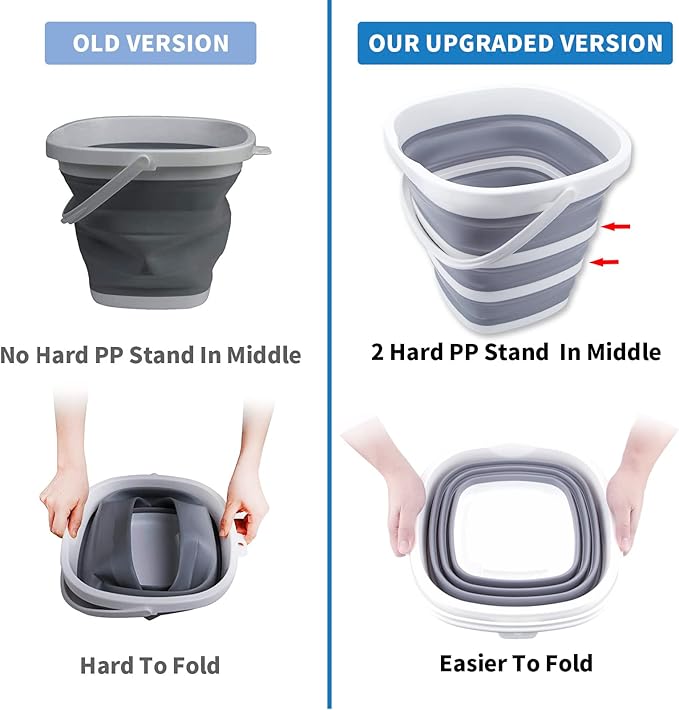 2 Pack Collapsible Buckets 10L 2.6 Gallon Cleaning Bucket Mop Bucket Folding Foldable Portable Small Plastic Water Supplies for Outdoor Garden Camping Fishing Car Wash Space Saving Square Grey Blue
