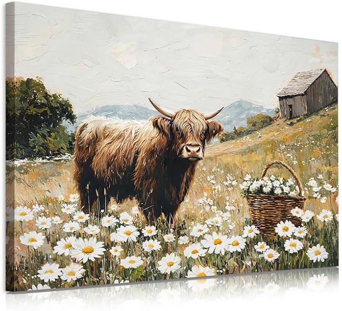 Yidepot Highland Cow Canvas Wall Art: White Flowers Farmhouse Artwork, Cow Pictures Bedroom Decor Ready to Hang 24x32inch