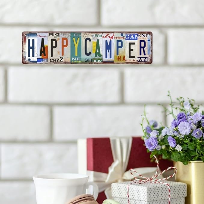 Happy Camper Decor Funny Metal Camping Tin Signs Camping Accessories For Rv Campers Camping Wall Decor Street Signs Camper Decorations Gifts Rustic Home Decor Farmhouse 16 X 4 Inches