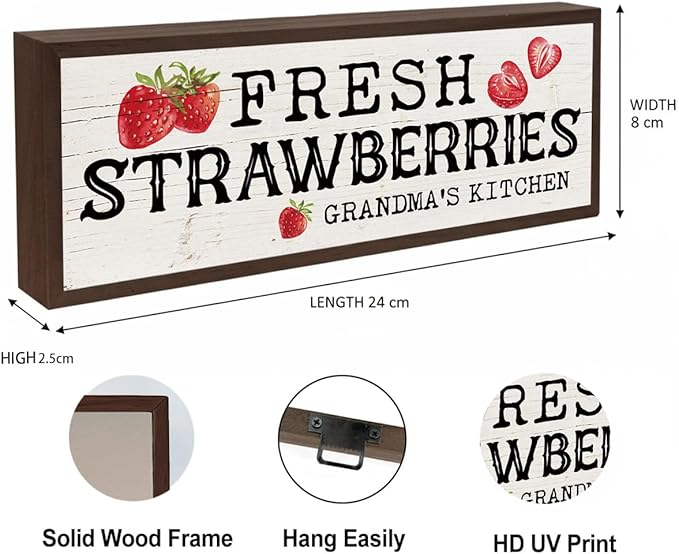 Grandma's Kitchen Wood Sign, Fresh Strawberries Sign, Country Style Wall Decoration, Rustic Home Decor for Kitchen, Gift for Grandma 9.5x3.1x1 inches