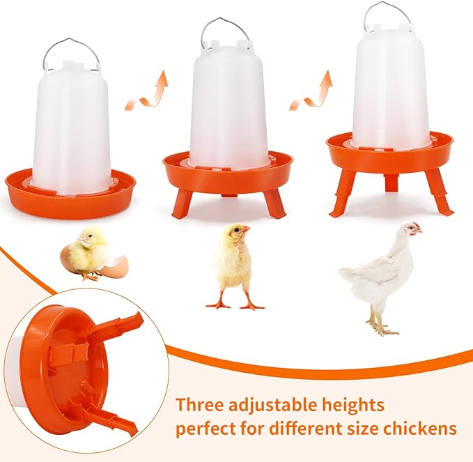 Chicken Feeder and Waterer Kit, 1L Feeder and 1.5L Waterer with 3 Heights Adjustable Legs,Poultry Feeder and Hanging Drinker No Spill/Waste for Chicken Coop, Ducks, Birds
