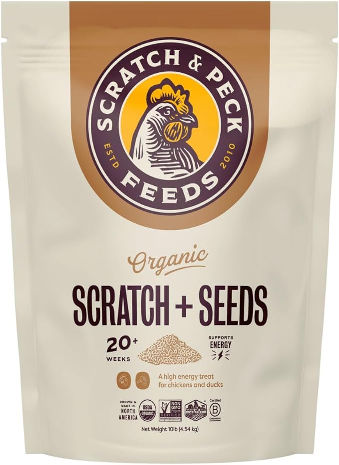 Scratch and Peck Scratch + Seeds Chicken and Duck Treat - 10 lbs Bag - 11% Protein, Certified Organic and Non-GMO Project Verified Chicken Food
