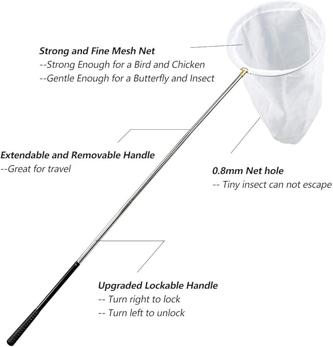 RESTCLOUD Professional Insect and Butterfly Net with 14" Ring, 26" Net Depth, 59" Telescopic Handle Full Extends to 73" Stainless Lockable