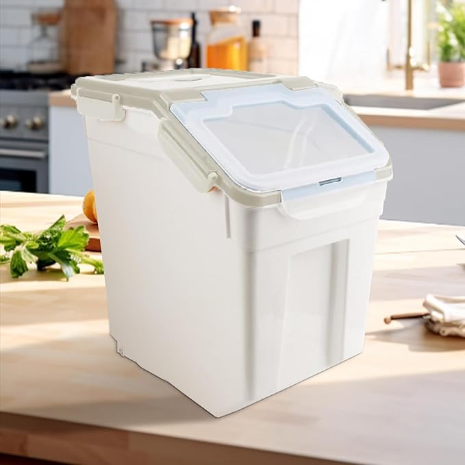 YXQ 50LB Large Flour Storage Container Bin,2 Pack Airtight Plastic with Wheels Seal Locking Lid Dispenser Organizer Bin with Measuring Cup & Scoop for Flour, Rice, Grain 100LBS Total Capacity(Grey)