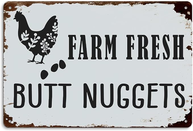 Funny Chicken Gifts for Women, Farm Fresh Butt Nuggets Aluminium Plate Signs, Humorous Chicken Decor for Home Farmhouse Coop Kitchen, Rustic Wall Art Decorations 8 X 12 Inch