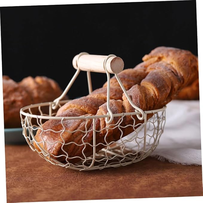 2pcs Wire Egg and Bread Basket with Wooden Handle, Farmhouse Style Multi-function Fruit Storage Container for Kitchen Countertop and Pantry Organization