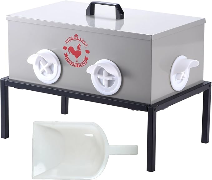 SARUFO Chicken Feeder 25lb 6-Port All-Weather Metal Poultry Feeder with Plugs, Wind and Rainproof, Suitable for Stove with Stand Inside or Outside