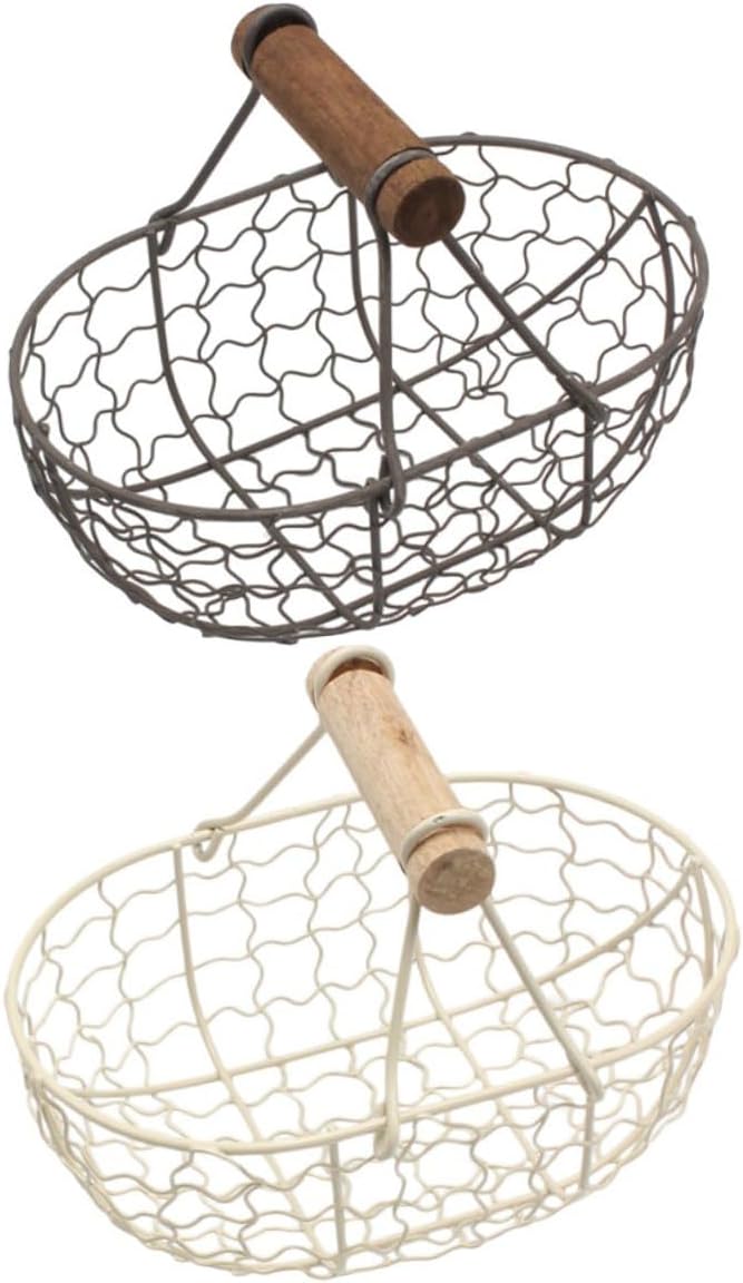 2pcs Wooden Handle Metal Mesh Storage Baskets Vintage Farmhouse Style Kitchen Fruit Vegetable Organizer Egg Gathering Basket Set