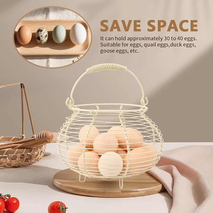 Wire Egg Basket for Gathering Fresh Eggs Holder,Retro Handle Egg Gathering Basket,Metal Eggss Holder-Countertop,Farmhouse-Eggs-Storage Container for Kitchen Easter Decor(White)
