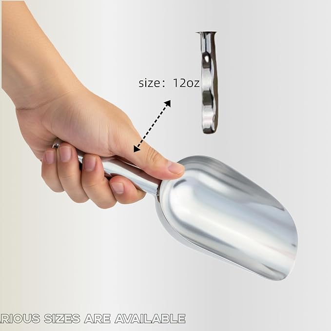 12oz Ice Cube Endurance Scoop, Cast Aluminum Shovel, Kitchen Utility Scoops With Finger Groove Handle, Ideal for Ice Cube, Coffee, Bean, Food, Candy, Flour, Popcorn Rust Free - Silver