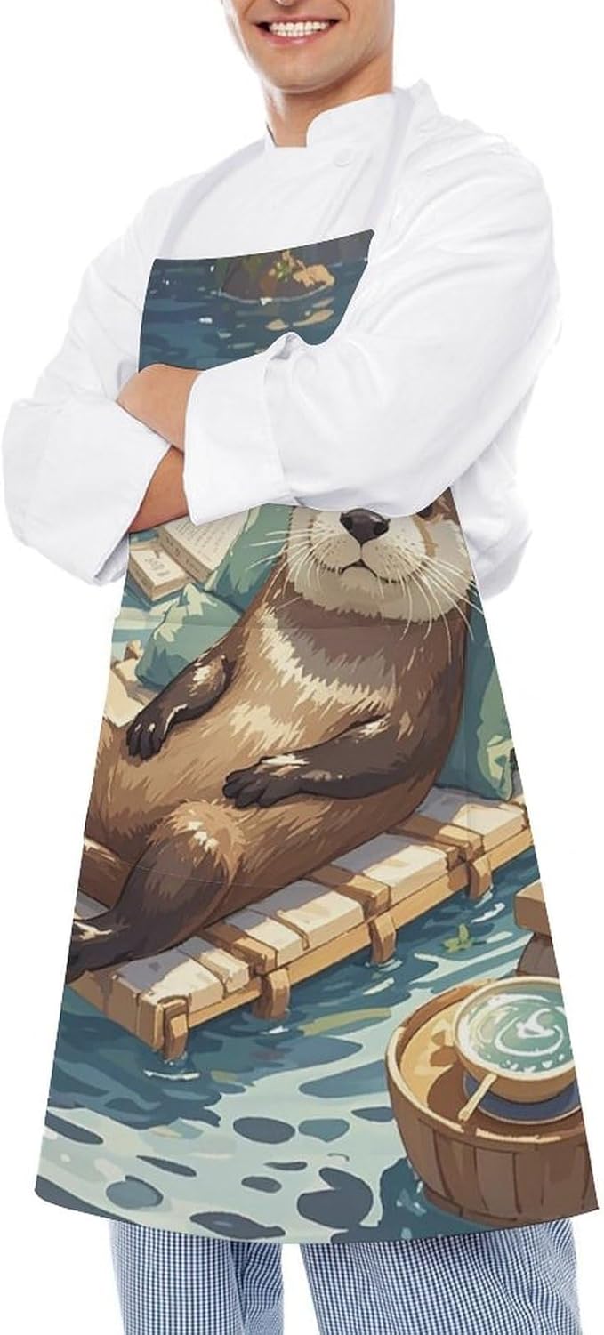 Waterproof Apron Adjustable Bib Aprons with Pockets Orange Cat Sleeping Apron Kitchen Aprons for Women Men