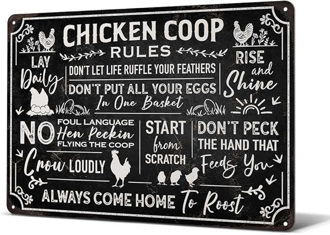 Heuhuww Vintage Chicken Coop Rules Tin Sign for Farm Home Rooster Decor for Outdoor Farm Fence Hen House 12"x 8" (H11)