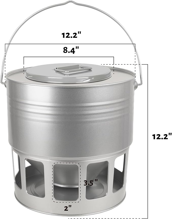 KOL Hanging Chicken Feeder – 20lbs Metal Chicken Feeder No Waste, Adjustable Poultry Feeder with 12 Ports, No Installation & Universal Height Design (Silver)