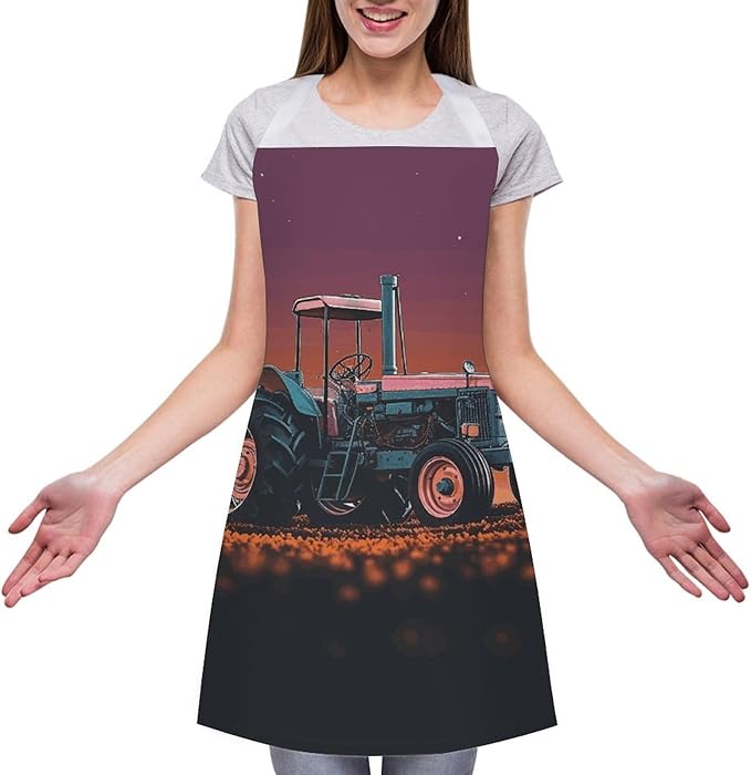 Waterproof Aesthetic Tractor Bib Apron with 2 Pockets Adjustable 25" Neck Strap & Waist Ties Kitchen Chef Aprons for Cooking Baking Grilling Gardening BBQ for Women Men