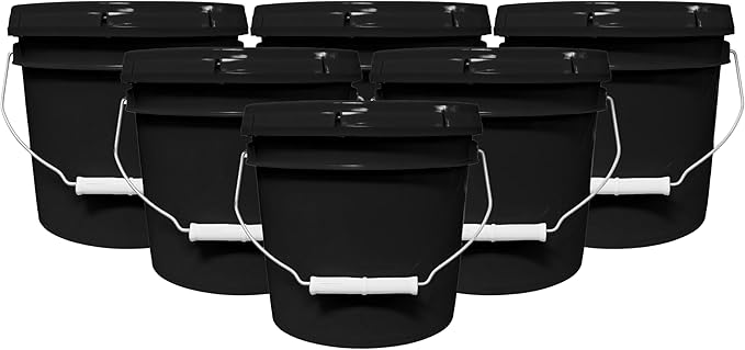 1-Gallon Bucket with Airtight Lid – Made in USA, Food Grade BPA Free Plastic, Heavy Duty Multi-Use, Metal Handle with Grip, Stackable Storage – Black, 6 Pack