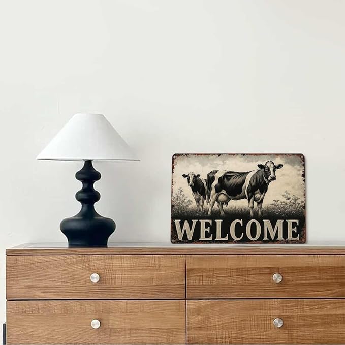 Vintage Farmhouse Metal Welcome Sign - Rustic Cow Farm Animal Theme 8x12 Inch Vintage Aluminum Metal Tin Signs-For Living Room Kitchen Patio Porch Backyard Home Decor Wall Decor