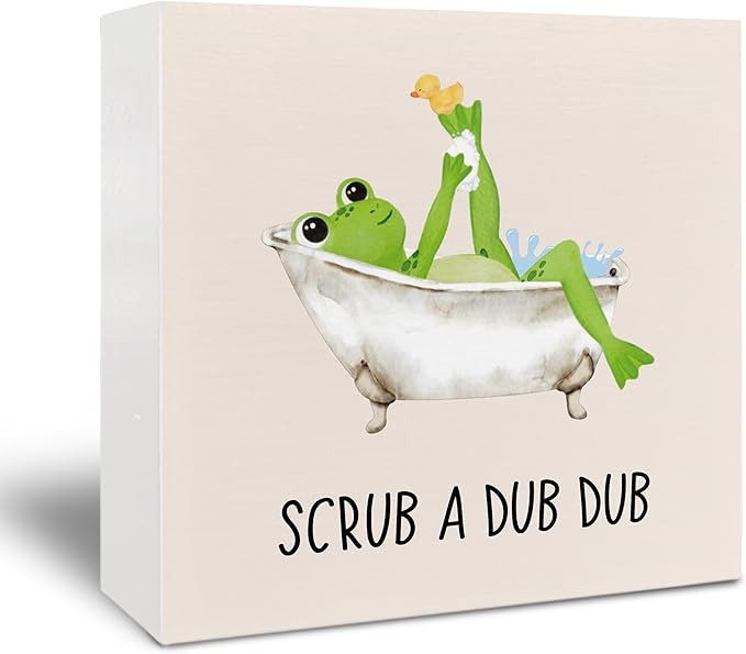 Frog Wooden Box Sign - Frog Kids Bathroom Decor, Frog Gifts, Frog Decorations for Home, Frog Home Decor, Scrub a Dub Dub Frog Wooden Box Sign for Bathroom Shelf Desk Table 5x5 Inch