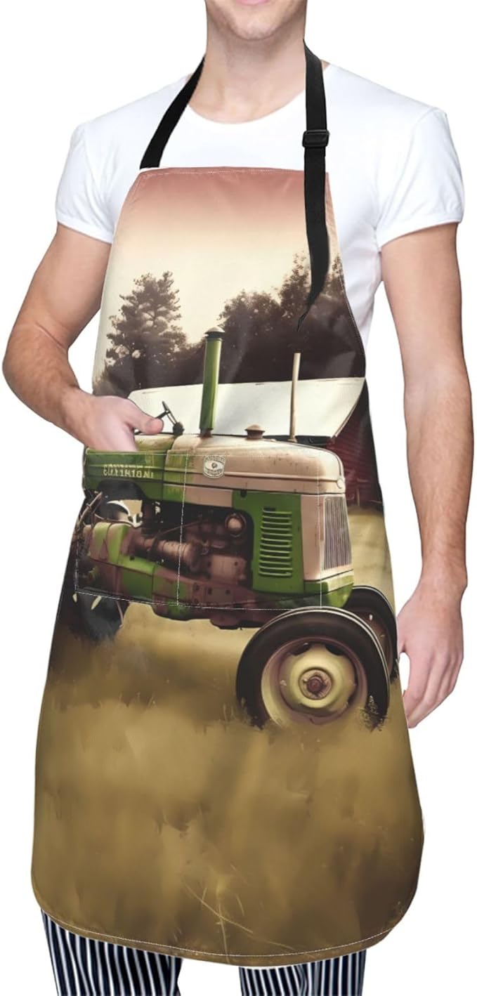 Old Tractor Photo Farm Cooking Aprons for Women Men Waterproof Bib Apron with Pockets Adjustable Kitchen Chef Apron