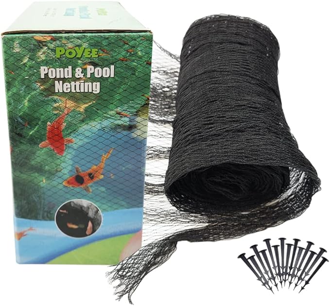 POYEE 14x14ft Pond Netting for Leaves Leaf Net Cover Pond Net with Small Fine Mesh Protecting Koi Fish from Birds Cats Stakes Included