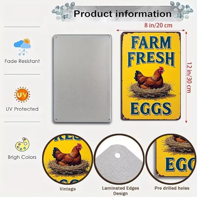 Funnysign Vintage Farm Fresh Eggs Chicken Tin Sign for Chicken Coop Farm Kitchen Garden Yard Decor 8x12 inch(3881)
