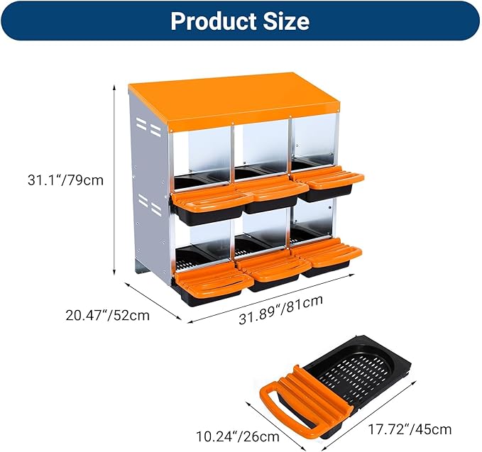 Chicken Nesting Boxes for Chickens,6 Hole Metal Roll Away Nest Box for Chicken Coop,Chickens Laying Egg, Lid Cover to Protect Eggs,Easy Egg Collection,Hen Roosting Boxes,Orange