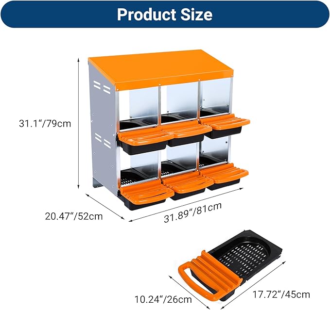 GarveeLife Chicken Nesting Box, 6 Compartments Nesting Boxes for Chickens, Chicken Laying Boxes, Roll Away Nesting Box for Chickens Laying Egg with Lid Cover to Protect Eggs, Orange