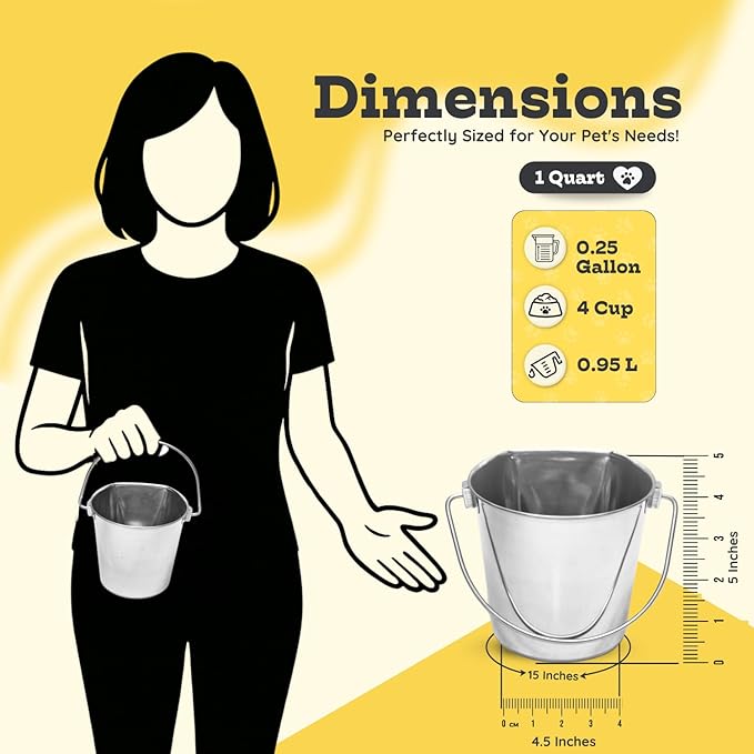 Flat Sided Stainless Steel Bucket, 1 Quart (0.25 Gallon) Hanging Feeding Pail for Small Dogs Cats Birds, Fits Kennels Cages Compatible, Heavy Duty Food & Water Feed, Silver Buckets 4 Pack