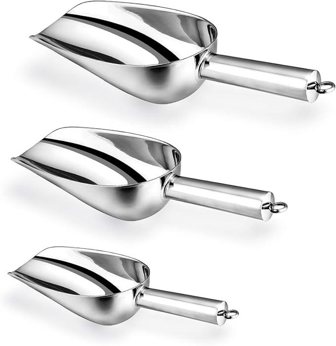 Ice Scoop, E-far Stainless Steel Kitchen Utility Scoop Set, Ideal for Ice Cube/Coffee Bean/Food/Candy/Flour/Popcorn, Set of 3 (5-8-12 Ounce)