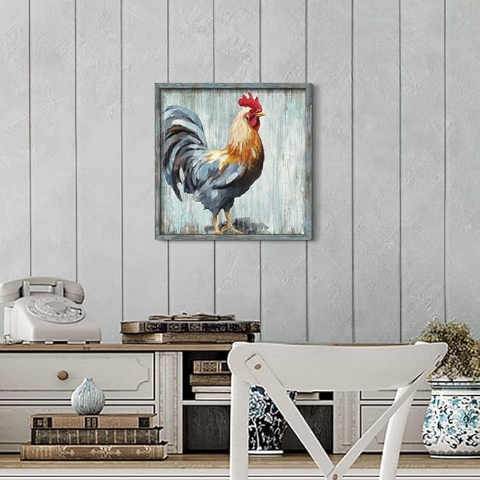 Rooster Wooden Wall Art Decor: Farm Cock Picture Country Animal Framed Artwork Rustic Farmhouse Chicken Painting is the Perfect Combination of Energy Nature for the Kitchen Bedroom 12"x12"