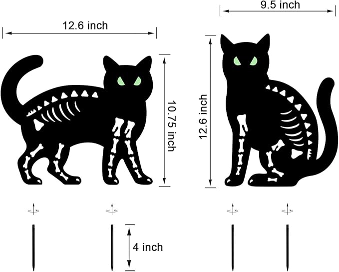 Halloween Black Cat Garden Stake Decor - 2 Pack Scary Cat Silhouette Metal Yard Signs with Glow-in-The-Dark Eyes for Outdoor Halloween Decorations