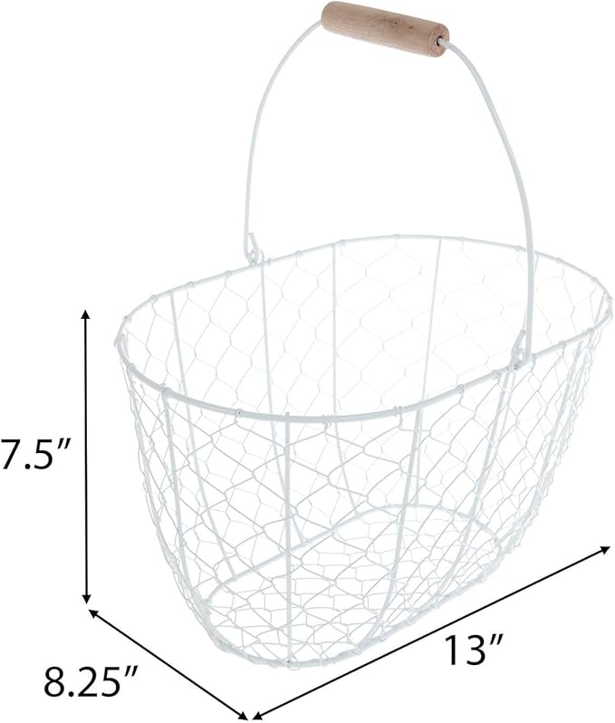 Hobby Lobby Chicken Wire Easter Basket with Wooden Handle, Metal and Wood, 7.5" H x 13" W x 8.25" D (White)
