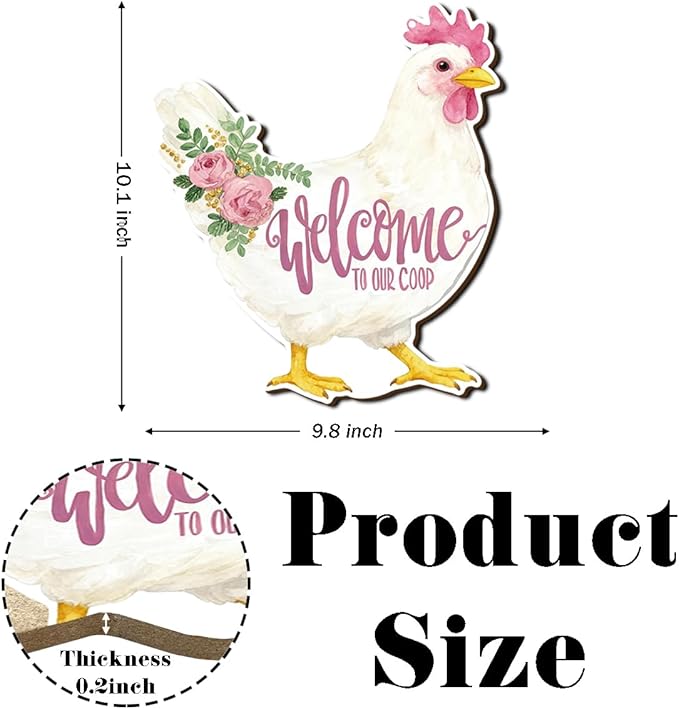 Farmhouse Chicken Coop Decor, Floral Hen Welcome Sign, Watercolor Painting Style Wood Hanging Plaque, Rustic Farmhouse Wall Art for Kitchen Dining Room Porch or Coop Door, 11.2x9.8 Inches